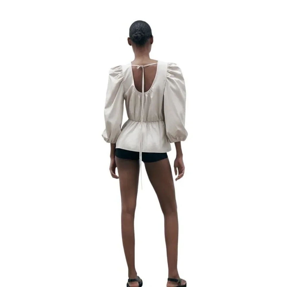 ZARA TOP WITH PUFF SLEEVES GREY / BEIGE SIZE S | 3136/545